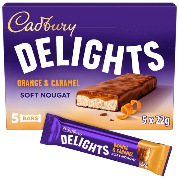 Cadbury Delights Orange Caramel Chocolate Nougat Bar 5 Pack 110g, Imported from Britain