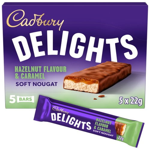 Cadbury Delights Soft Nougat Hazelnut & Caramel Chocolate Bars 5 x 22g, British Import (Pack of 3)