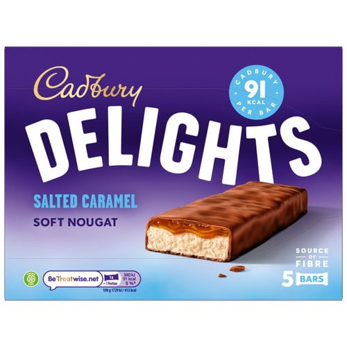 Cadbury Delights Soft Nougat Salted Caramel Chocolate Bars 5 x 22g, British Import (Pack of 3)