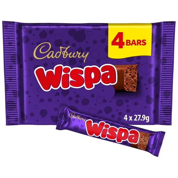 Cadbury Wispa Chocolate Bar 4 Pack Multipack 111.6g, Imported from Britain