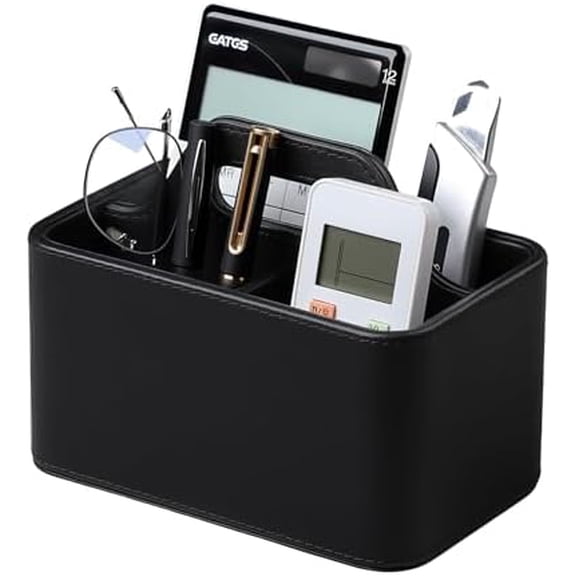 Caddy Organizer with Handle, PU Leather Remote Control Holder Desk Caddy, Portable Makeup Office Supply Organizer for Bathroom, Nightstand, Dresser (Black)