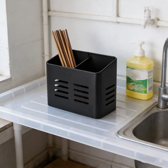 Caddy Stainless Steel Utensil Organizer with Drainage Holes, Durable Tableware Holder for Quick Drying, Modern Kitchen Countertop Storage Basket, Versatile for Home, Restaurant, Office, Bathroom