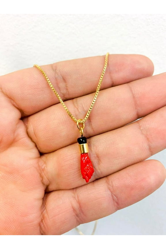 Cadena Box Link con Dije Rojo de Azabache para Mujer en Oro Laminado para la Proteccion / Gold Filled Red Azabache Hand Necklace for Protection 20" Inches