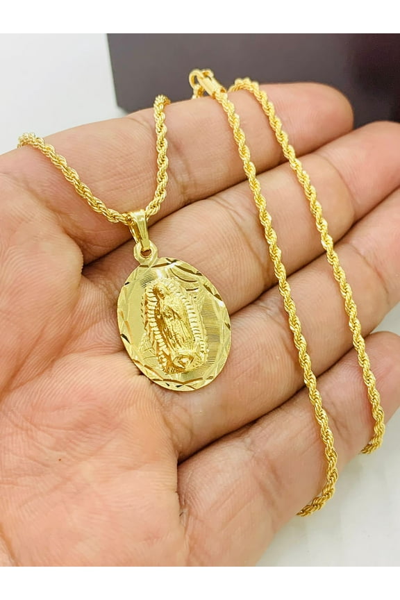 Cadena de la Guadalupe en Oro Laminado 14K Para Hombre / Yellow Gold Filled Virgen de Guadalupe Necklace for Mens 24" Rope Chain Necklace