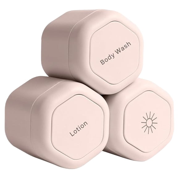 Cadence Travel Containers - Body Care Set - Travel - For Wash, Lotions, Sunscreens - 3 Flex Mediums (1.32oz) with Body Wash, Lotion, & Sun Icon Labels - Sand Pink 2.36"