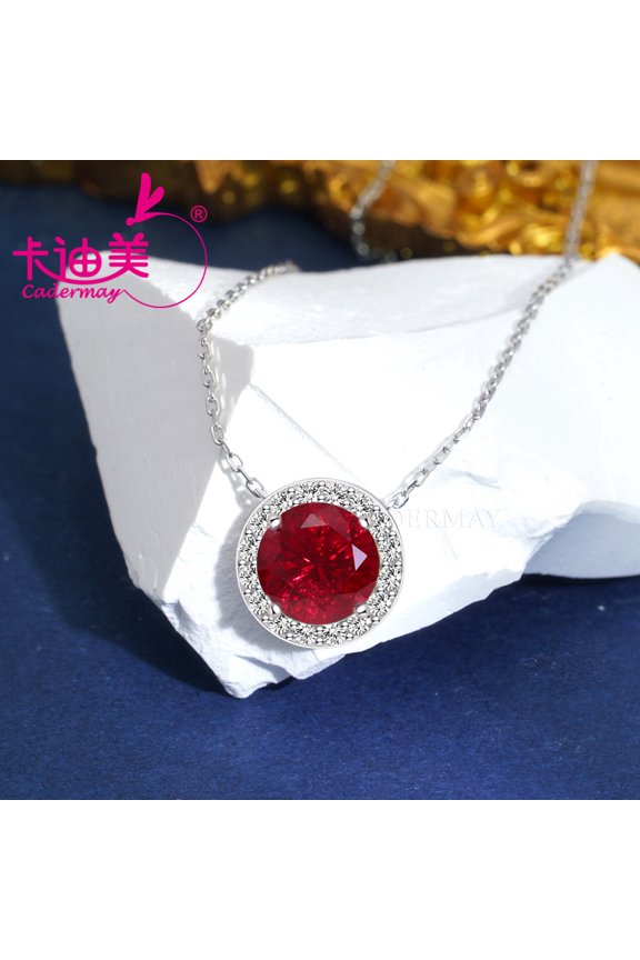 Round Shape Pigeon Blood Red Lab Grown Ruby Necklace S925 Sterling Silver