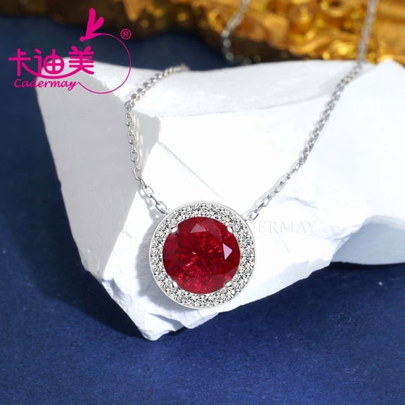 Cadermay Round Shape Pigeon Blood Red Lab Grown Ruby Necklace S925 Sterling Silver