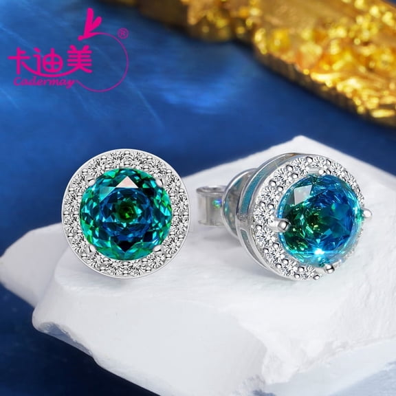 Cadermay Round Stud Blue Green Two-Tone Stone Earrings, 925, Silver White Gold Plated