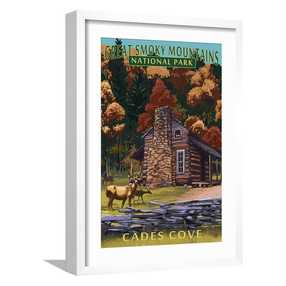 Art.com Cades Cove and John Oliver Cabin - Great Smoky Mountains National Park, TN Art Print by Lantern Press, White Frame Wall Art, 17" x 23"