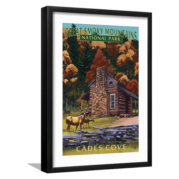 Art.com Cades Cove and John Oliver Cabin - Great Smoky Mountains National Park, TN Art Print by Lantern Press, Black Frame Wall Art, 17" x 23"