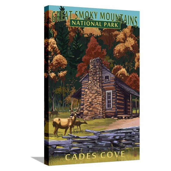 Art.com Cades Cove and John Oliver Cabin - Great Smoky Mountains National Park, TN Stretched Canvas Print Wall Art by Lantern Press, 16" x 24"