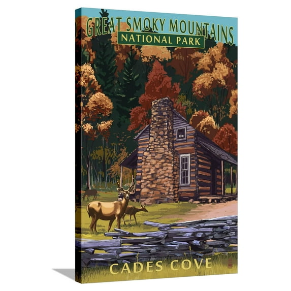 Art.com Cades Cove and John Oliver Cabin - Great Smoky Mountains National Park, TN Stretched Canvas Print Wall Art by Lantern Press, 24" x 36"
