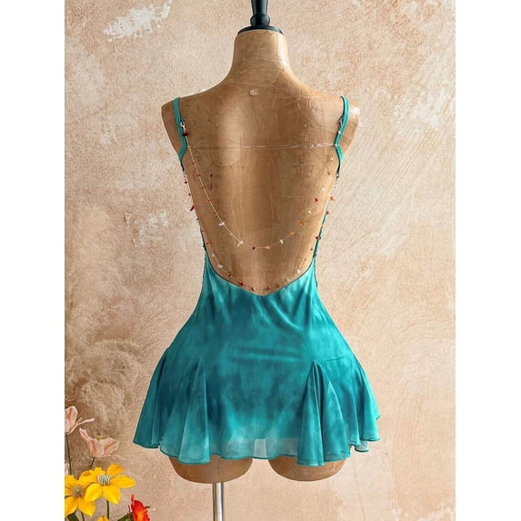 Cadet Blue Spaghetti Strap Backless Mini Dress With Beaded Chain Detail And Peplum Hem