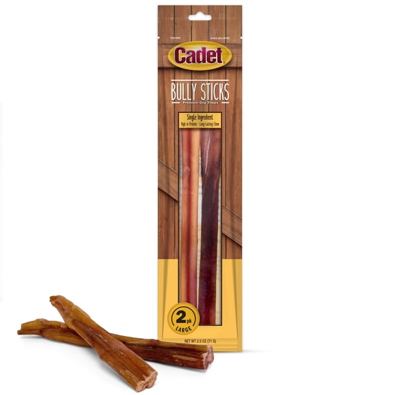 Cadet Bully Stick Dog Treats for Large Dogs, All Natural Beef Pizzle Dog Chew Sticks, 2.5 Ounce, 2 Count