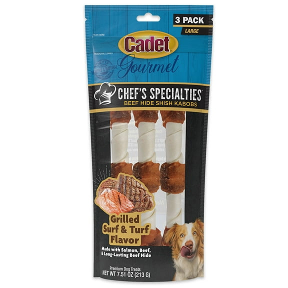 Cadet Chef's Specialties Beef Hide Shish Kabob Dog Treats - Grilled Surf & Turf Flavor Large (3 Count)