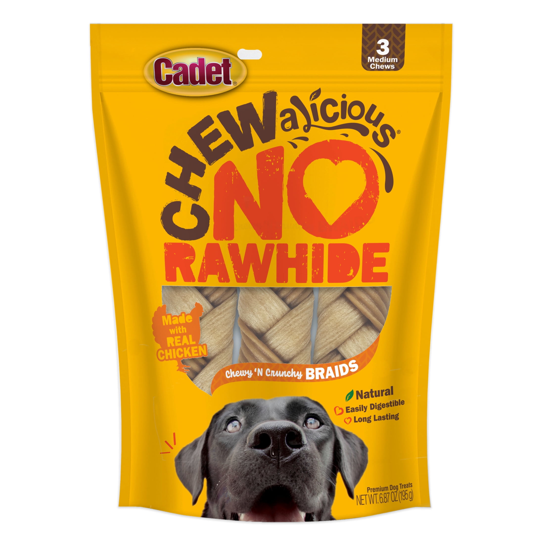 Cadet Chewalicious Dog Treats Chewy 'N Crunchy Braids, Rawhide Free Dog Chews, Chicken Flavor, 3 Count