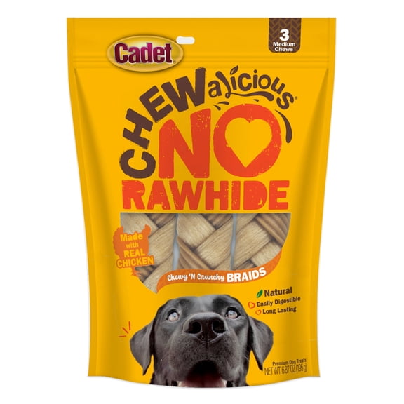 Cadet Chewalicious Dog Treats Chewy 'N Crunchy Braids, Rawhide Free Dog Chews, Chicken Flavor, 3 Count
