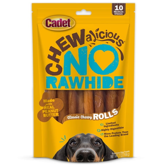 Cadet Chewalicious Dog Treats Chewy Rolls, Rawhide Free Chew Sticks for Dogs, Peanut Butter Flavor, 10 Count