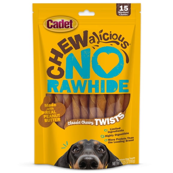Cadet Chewalicious Dog Treats Chewy Twists, Rawhide Free Chew Sticks for Dogs, Peanut Butter Flavor, 15 Count