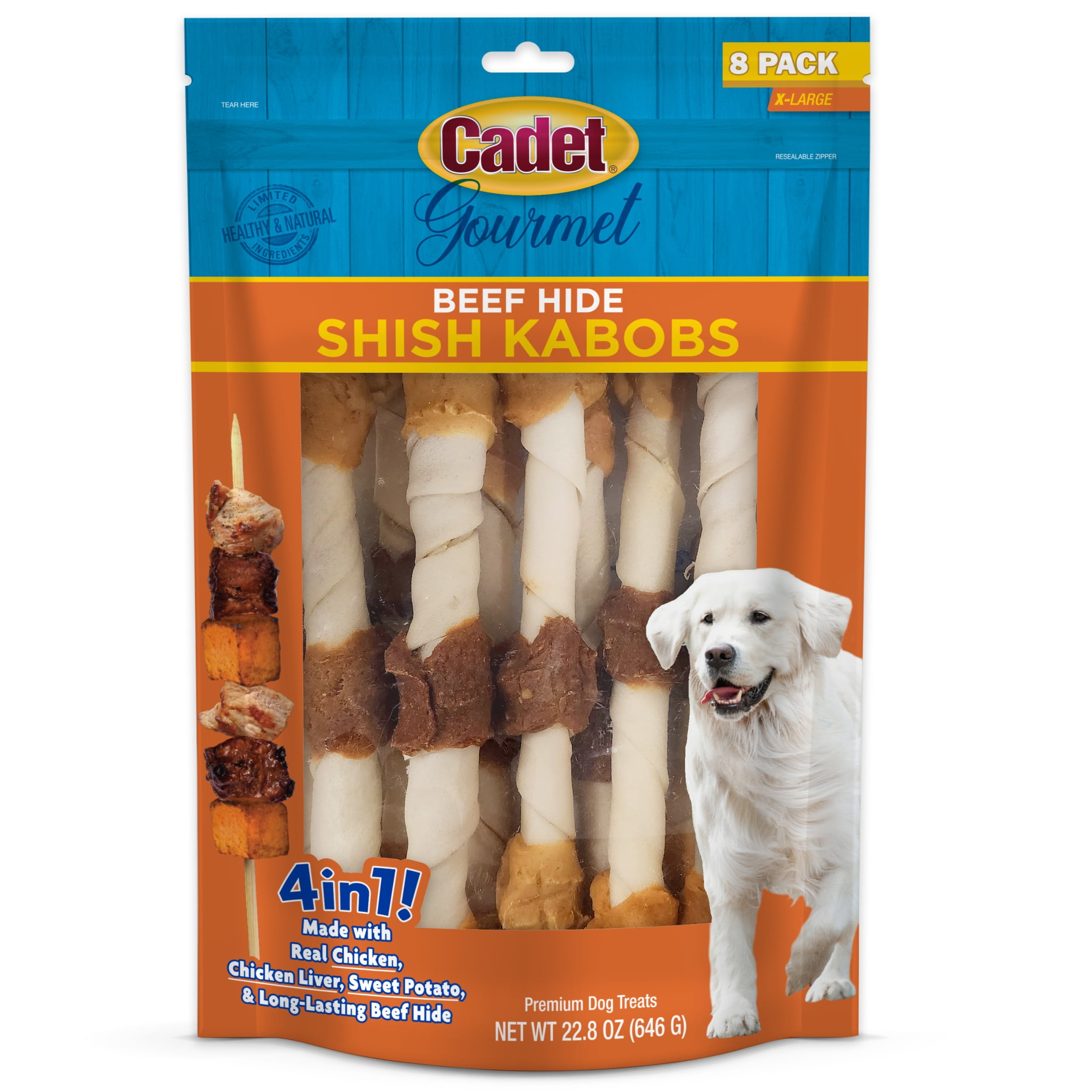 Cadet Gourmet Shish Kabob Dog Treats for Large Dogs, Chicken & Sweet Potato Dog Chews, 10 Inch, 8 Count