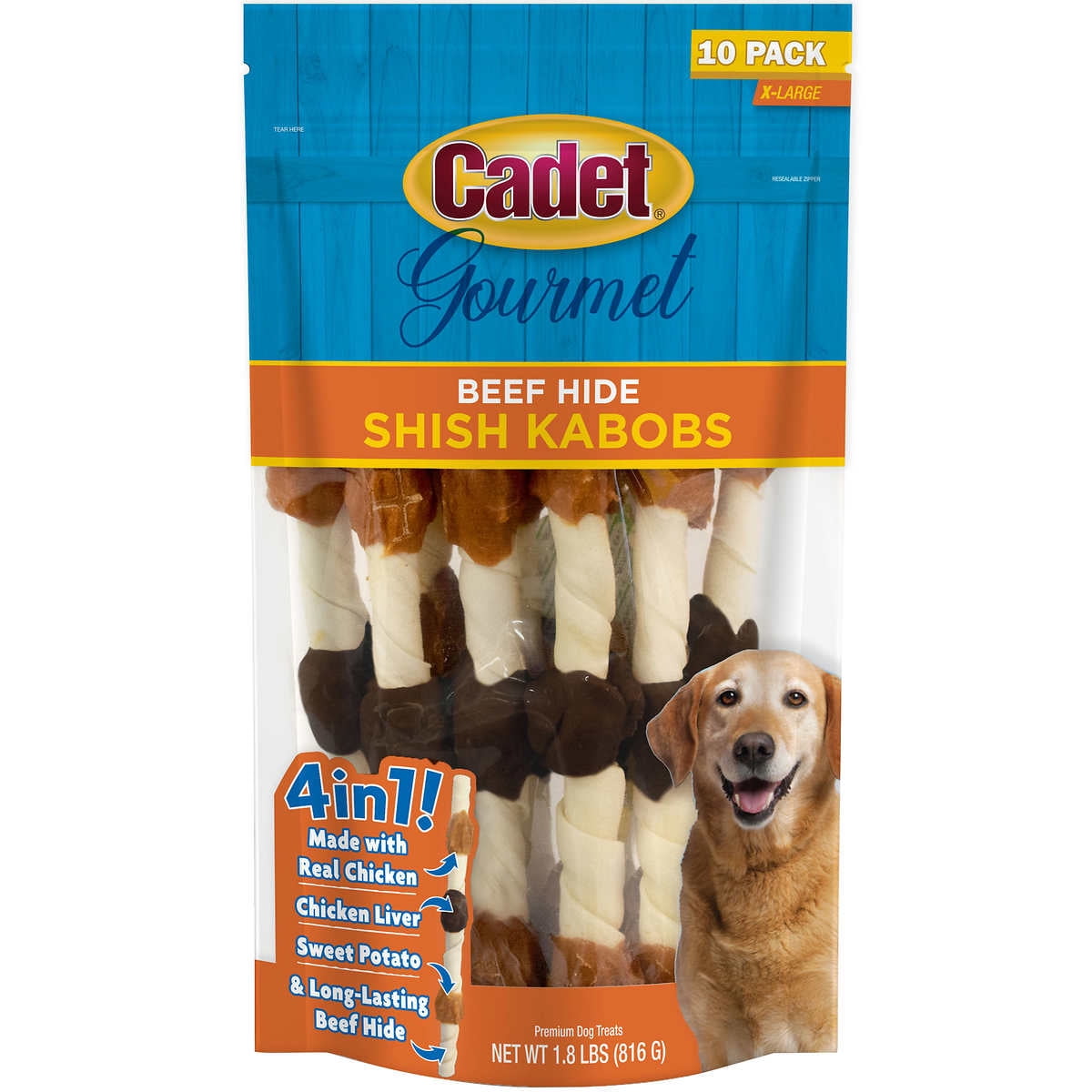 Cadet Gourmet X-Large Dog Treats, Beef Hide Shish Kabobs with
