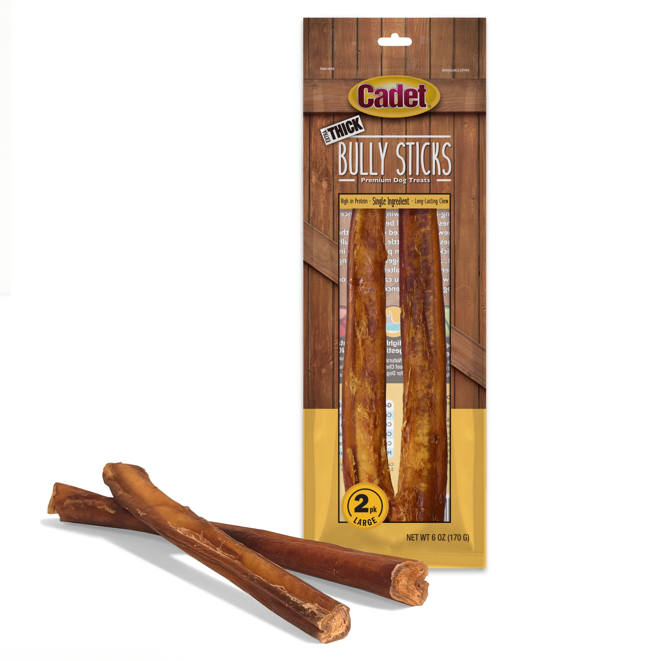 Cadet Bully Stick Dog Treats for Large Dogs, All Natural Beef Pizzle Dog Chews, 6 Ounce, 2 Count