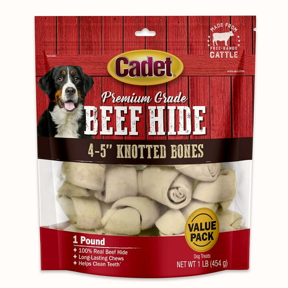 Cadet Premium Grade Beef Hide Dog COC1Chews, 4"-5" Long-Lasting Knotted Rawhide Bones, Single-Ingredient, Natural Flavor, 1 Pound