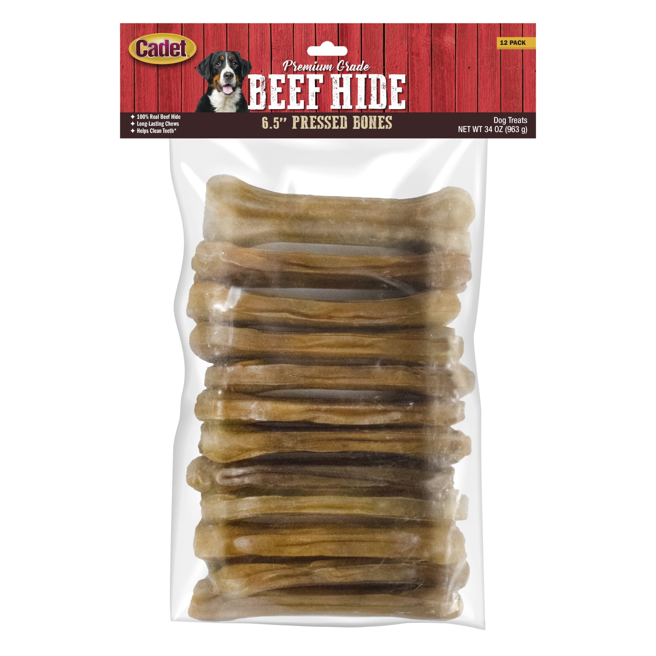 Cadet Rawhide Pressed Dog Bones for Small Dogs, Single Ingredient Dog Treats, 6.5 Inch, 12 Count
