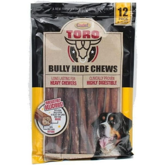 Cadet Toro Bully Hide Sticks All-Natural Dog Chews, 9"-12" (Pack of 12)