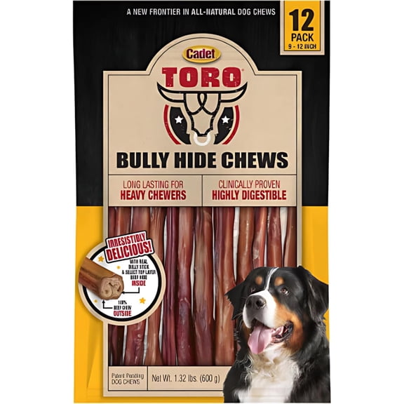 Cadet Toro Bully Hide Sticks All-Natural Dog Chews Premium Beef & Bully Stick Treats for Dogs 9" to 12" 12 Pack Long-Lasting Snack for Heavy Chewers Perfect for Dogs