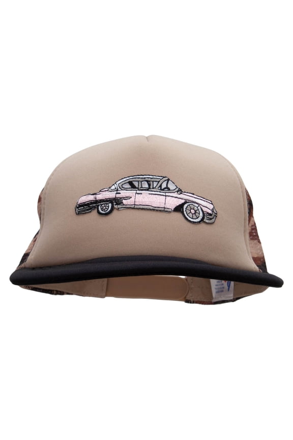 Cadillac Car Patched Flat Bill Foam Camo Mesh Trucker Cap - Khaki Desert OSFM