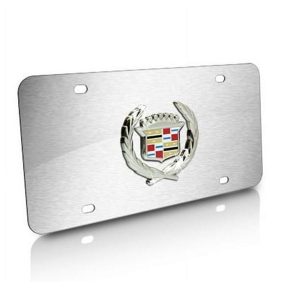 Cadillac Chrome 3D Classic Logo on Brushed Stainless Steel License Plate