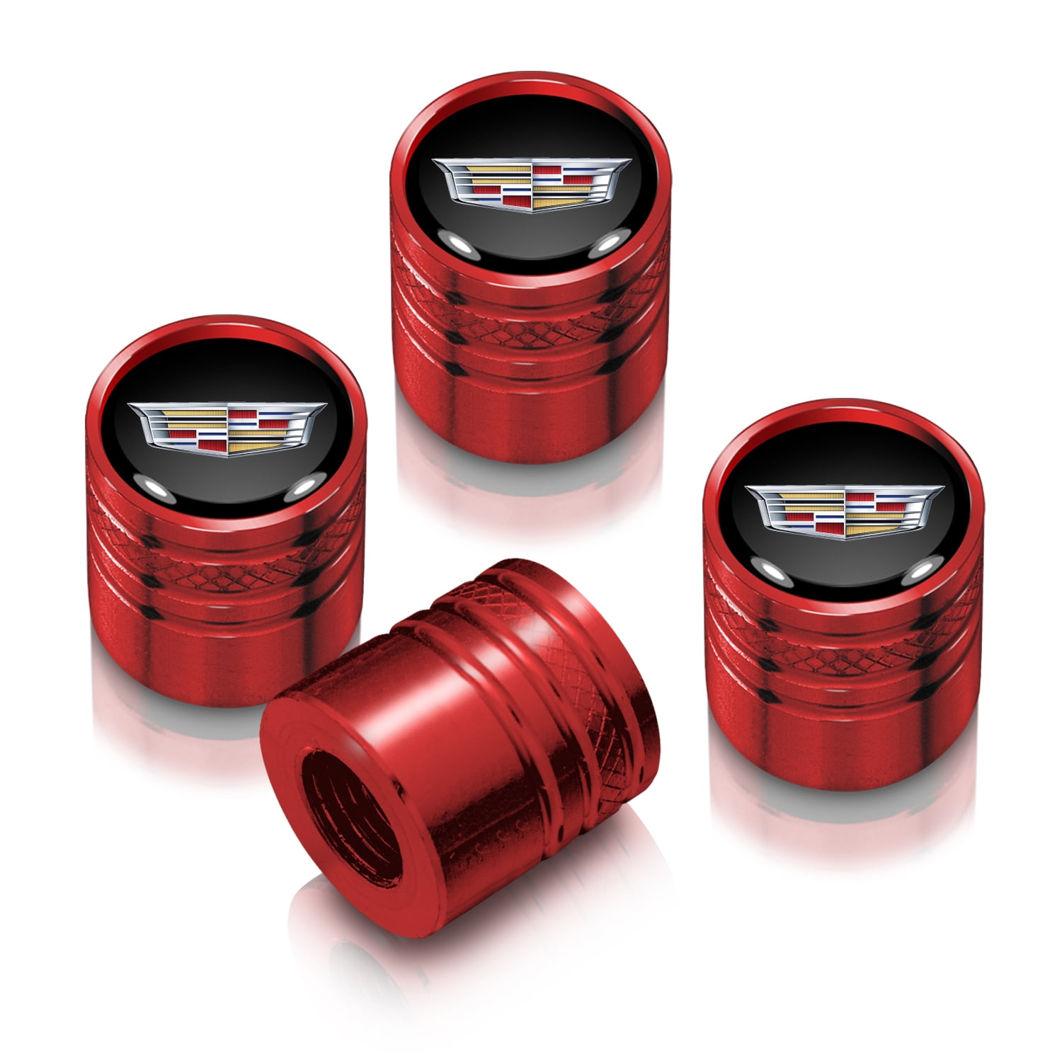 Cadillac Crest Logo in Black on Red Aluminum Cylinder-Style Tire Valve Stem Caps