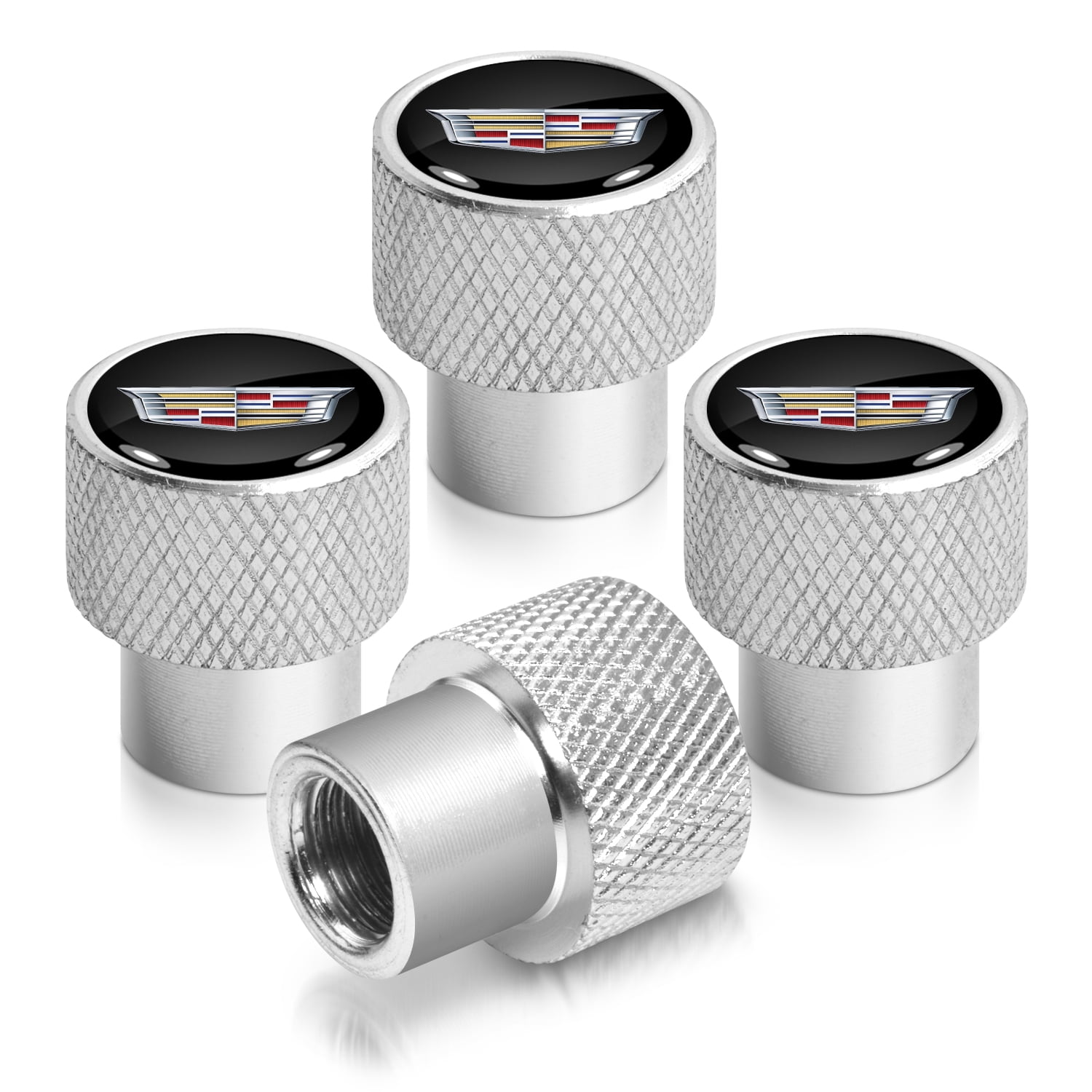 Cadillac Crest Logo in Black on Shining Silver Aluminum Tire Valve Stem Caps