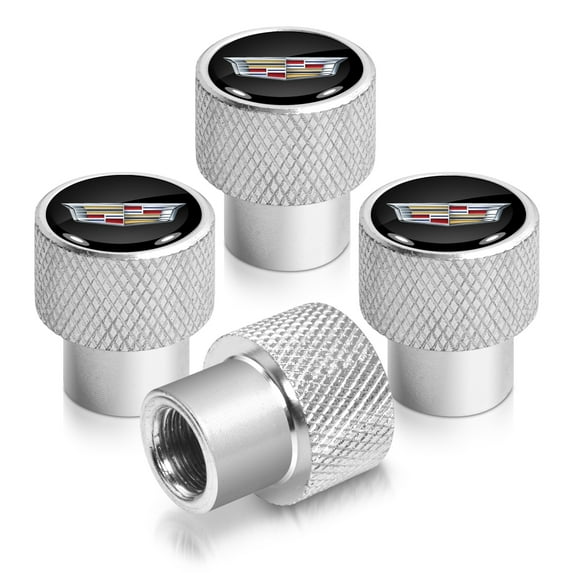 Cadillac Crest Logo in Black on Shining Silver Aluminum Tire Valve Stem Caps