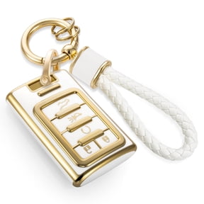 For Cadillac Key Fob Cover with Metal Braided Rope Keychain for Cadillac Accessories, Upgraded Soft Key Case for 2015-2019 Cadillac Escalade CTS SRX XT5 ATS STS CT6(Gold Edge)