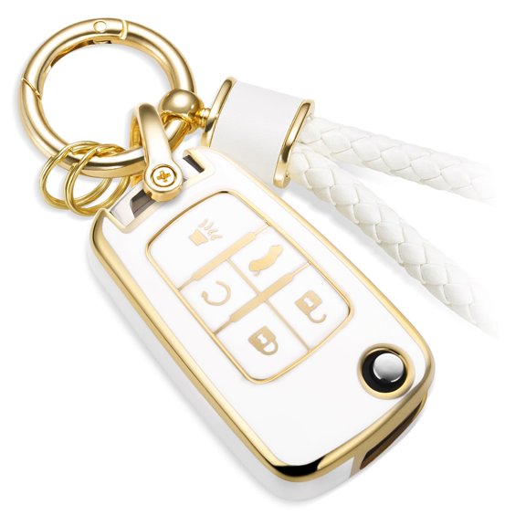 For Cadillac Key Fob Cover with Metal Braided Rope Keychain for Cadillac Accessories, Upgraded Soft Key Case for 2015-2019 Cadillac Escalade CTS SRX XT5 ATS STS CT6(Gold Edge)