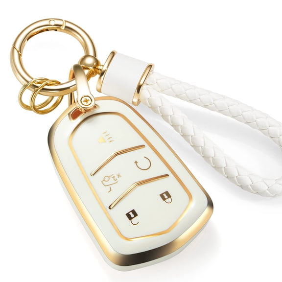 For Cadillac Key Fob Cover with Metal Braided Rope Keychain for Cadillac Accessories, Upgraded Soft Key Case for 2015-2019 Cadillac Escalade CTS SRX XT5 ATS STS CT6(Gold Edge)