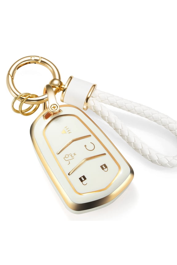 For Cadillac Key Fob Cover with Metal Braided Rope Keychain for Cadillac Accessories, Upgraded Soft Key Case for 2015-2019 Cadillac Escalade CTS SRX XT5 ATS STS CT6(Gold Edge)