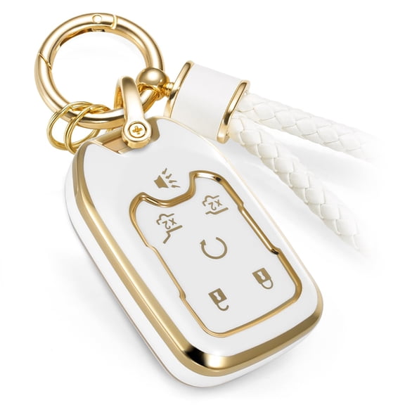 For Cadillac Key Fob Cover with Metal Braided Rope Keychain for Cadillac Accessories, Upgraded Soft Key Case for 2015-2019 Cadillac Escalade CTS SRX XT5 ATS STS CT6(Gold Edge)