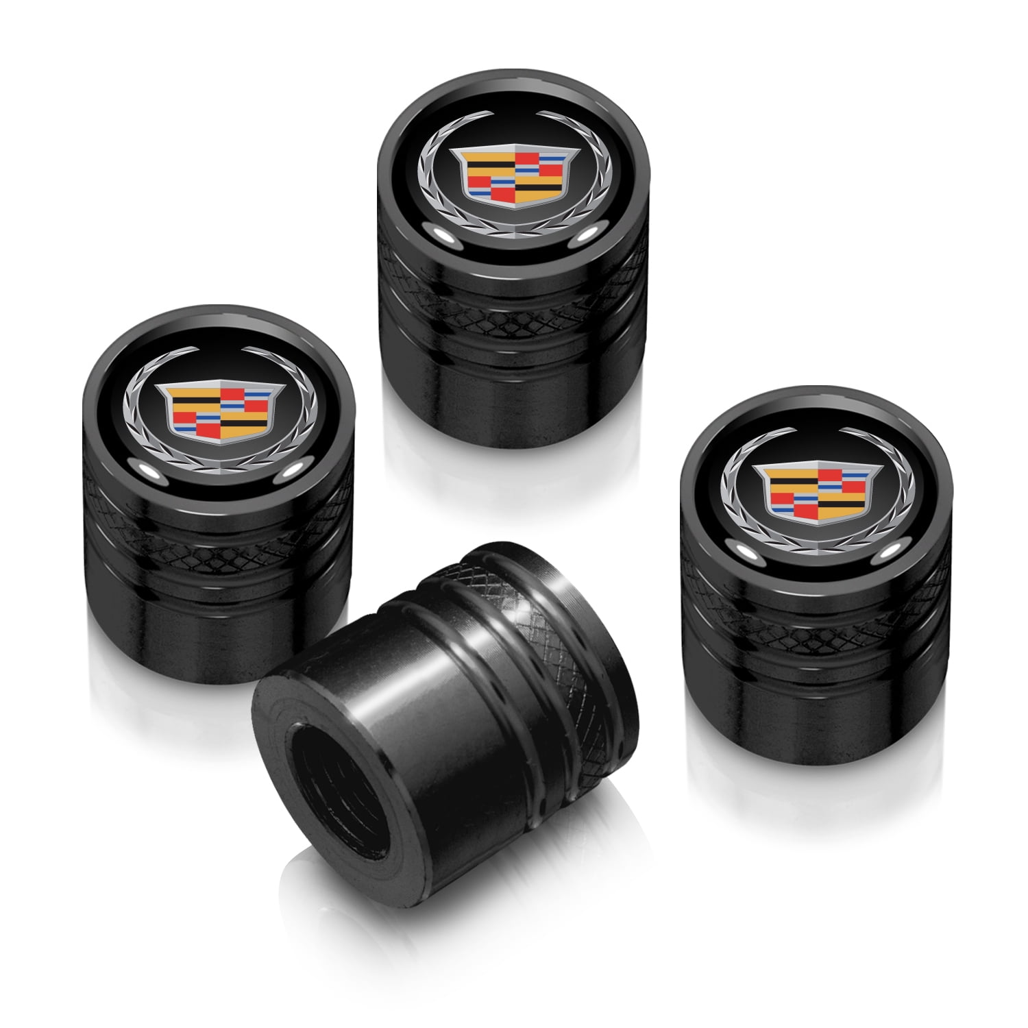 Cadillac Logo in Black on Black Aluminum Cylinder-Style Tire Valve Stem Caps