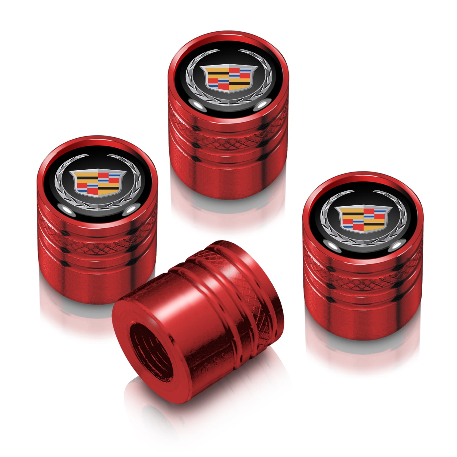 Cadillac Logo in Black on Red Aluminum Cylinder-Style Tire Valve Stem Caps