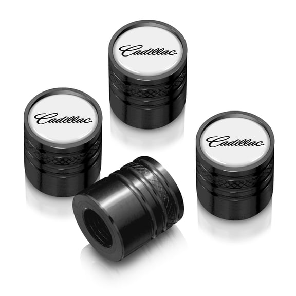 Cadillac Script Nameplate in White on Black Aluminum Cylinder-Style Tire Valve Stem Caps