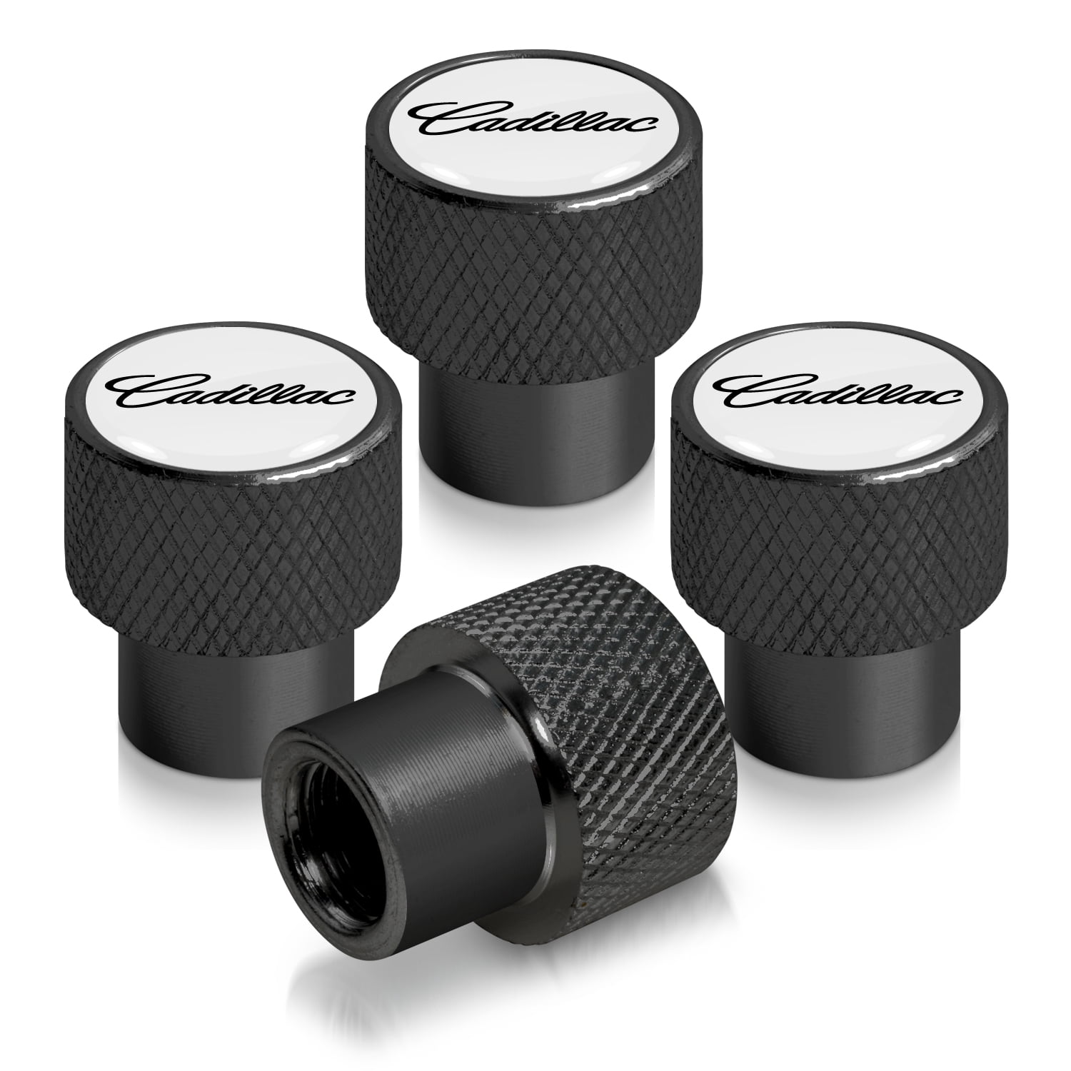 Cadillac Script Nameplate in White on Black Aluminum Tire Valve Stem Caps