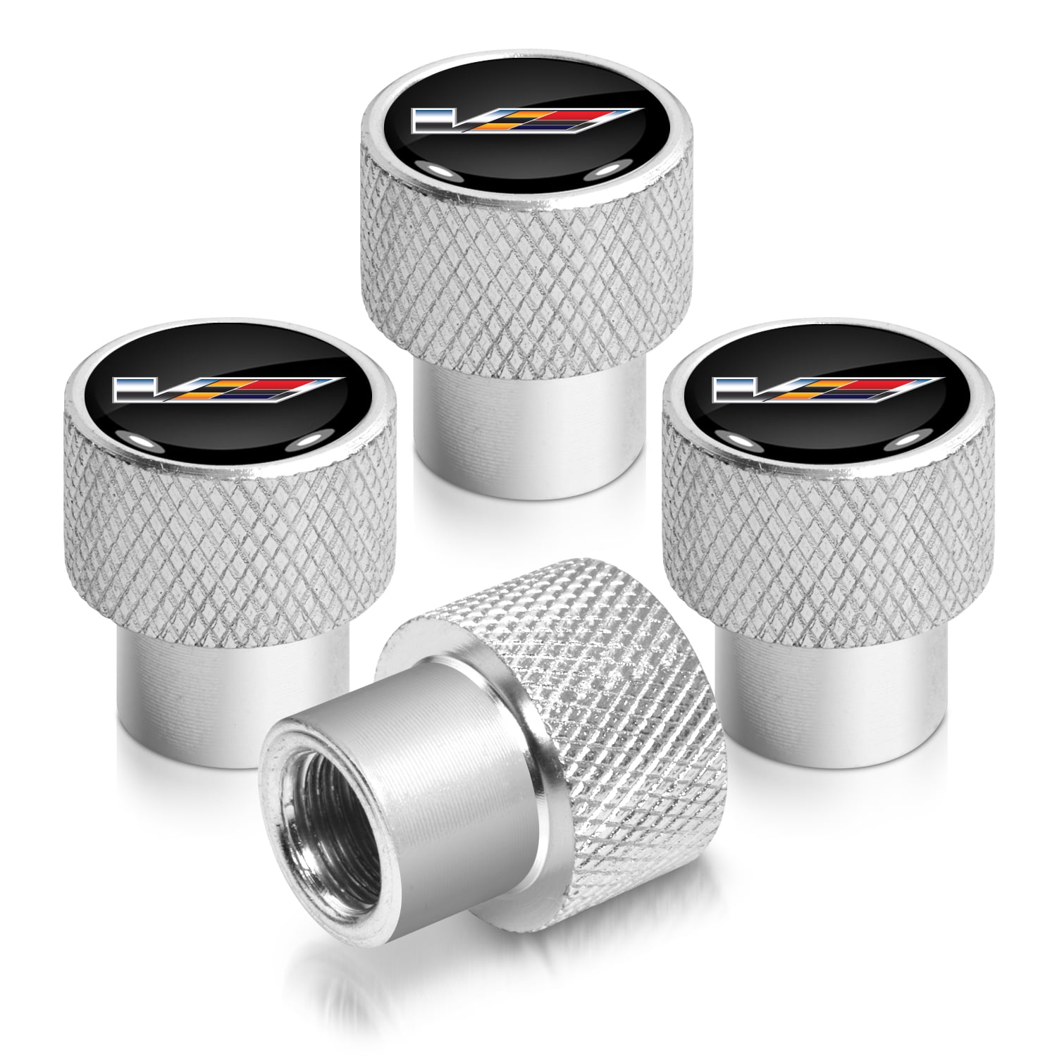 Cadillac V Logo in Black on Shining Silver Aluminum Tire Valve Stem Caps