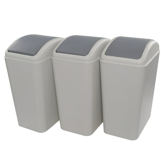 CadineUS 15 Liters Plastic Garbage Bin Trash Can with Swing Lids, Waste Bin Set of 3, Grey