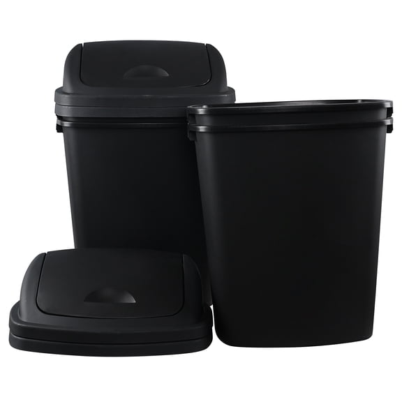 CadineUS 4 Pack Large Plastic Swing Lid Trash Can, Black Plastic Garbage Can