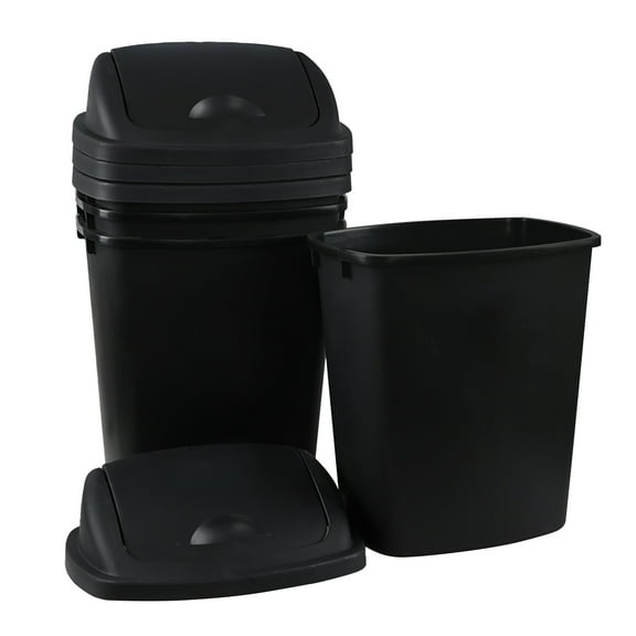 CadineUS 4 Pack Plastic Trash Can with Swing Lid, Black Bathroom Garbage Can