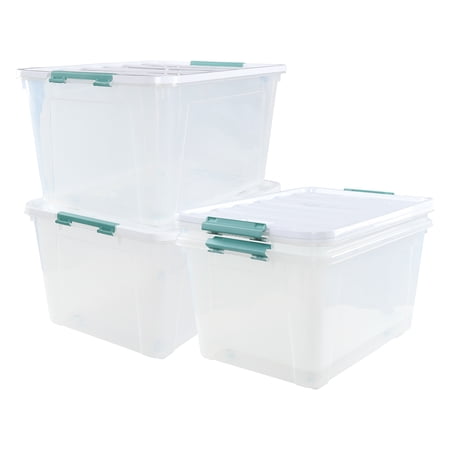 CadineUS 4 Packs Large Clear Bin with Lid, 85 Quart Plastic Storage Boxes with Wheels