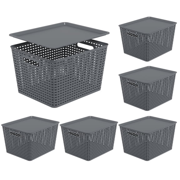 CadineUS 6-Packs Grey Woven Storage Baskets Bins with Lids, Plastic Large Stackable Baskets Box, 13.58'' x 11.42'' x 8.7''